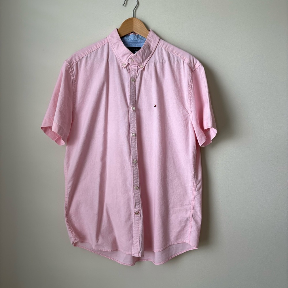 Tommy Hilfiger Pink Men's Short Sleeve Button Down Shirt size XL Slim Fit